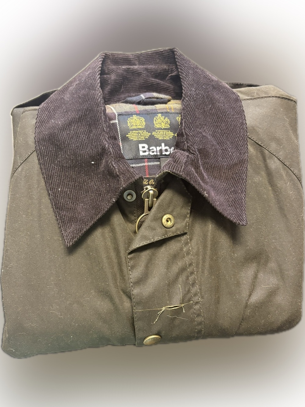 Barbour Olive Brown Waxed Cotton Field Jacket with Dark Corduroy Collar